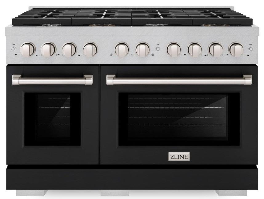ZLINE 48" 6.7 cu. ft. Paramount Double Oven Dual Fuel Range with 8 Burner Gas Cooktop in Satin Stainless Steel with Black Matte Doors, SDRS-BLM-48