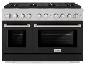 ZLINE 48" 6.7 cu. ft. Paramount Double Oven Dual Fuel Range with 8 Burner Gas Cooktop in Satin Stainless Steel with Black Matte Doors, SDRS-BLM-48