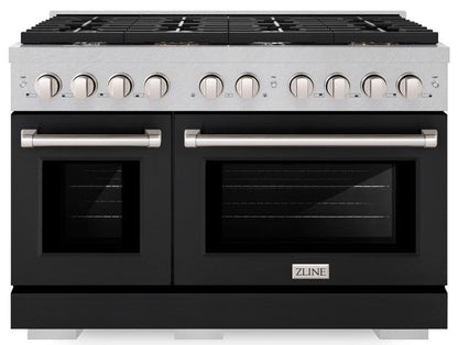 ZLINE 48" 6.7 cu. ft. Paramount Double Oven Dual Fuel Range with 8 Burner Gas Cooktop in Satin Stainless Steel with Black Matte Doors, SDRS-BLM-48