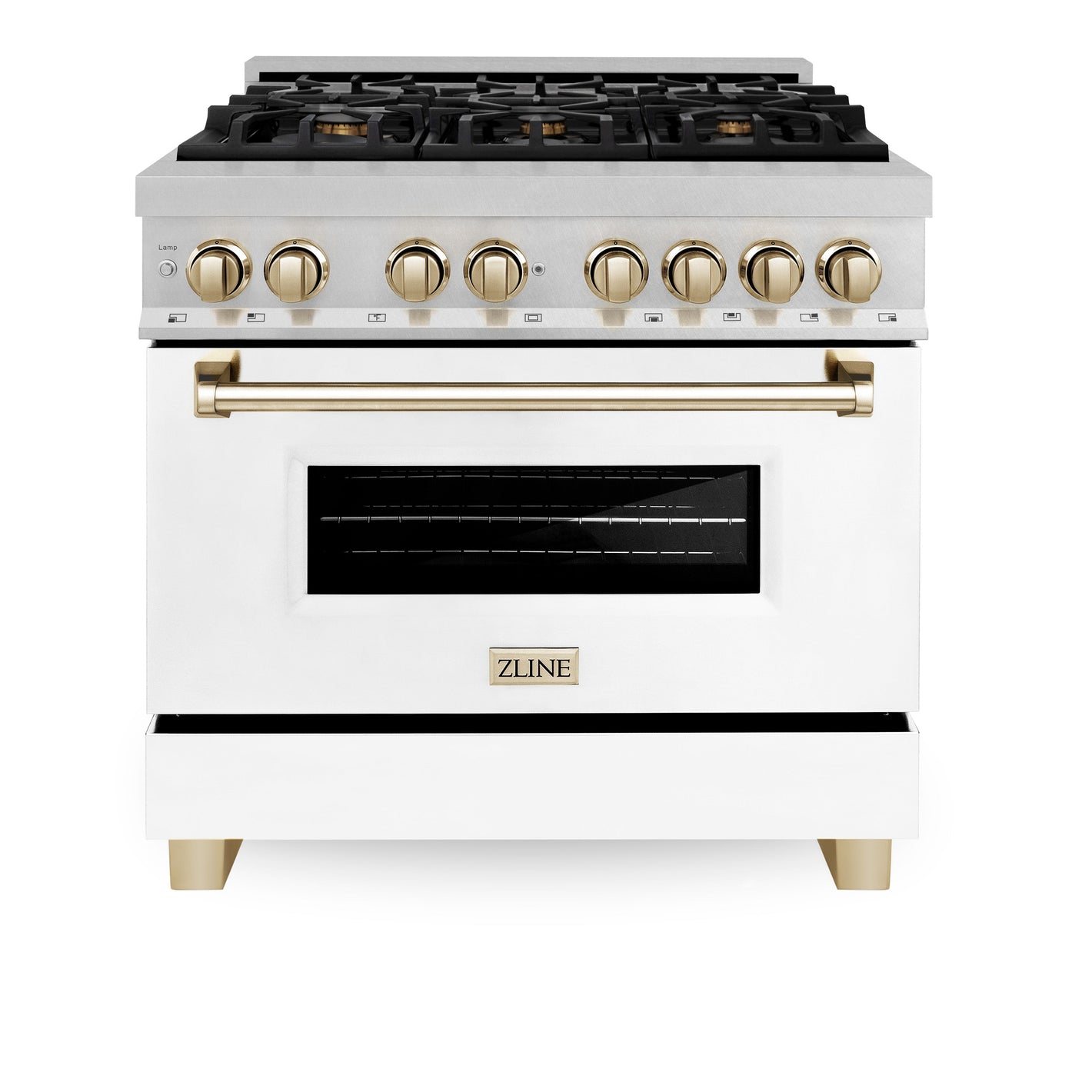 ZLINE Autograph 36" 4.6 cu. ft. Legacy Dual Fuel Range with 6 Burner Gas Cooktop and Electric Convection Oven in Satin Stainless Steel with White Matte Door and Polished Gold Accents, RASZ-WM-36-G