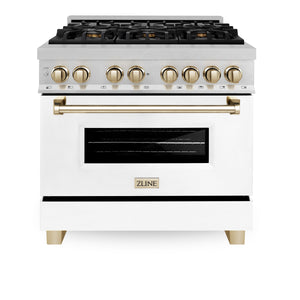 ZLINE Autograph 36" 4.6 cu. ft. Legacy Dual Fuel Range with 6 Burner Gas Cooktop and Electric Convection Oven in Satin Stainless Steel with White Matte Door and Polished Gold Accents, RASZ-WM-36-G