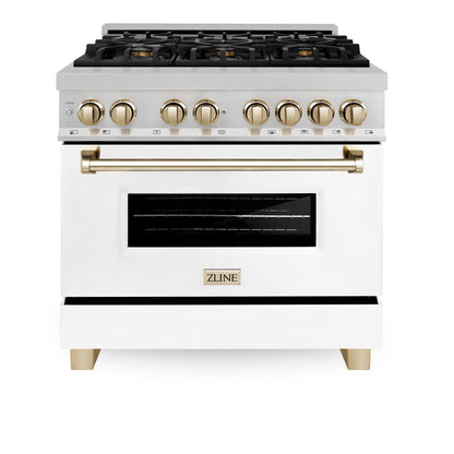ZLINE Autograph 36" 4.6 cu. ft. Legacy Dual Fuel Range with 6 Burner Gas Cooktop and Electric Convection Oven in Satin Stainless Steel with White Matte Door and Polished Gold Accents, RASZ-WM-36-G