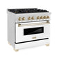 ZLINE Autograph 36" 4.6 cu. ft. Legacy Dual Fuel Range with 6 Burner Gas Cooktop and Electric Convection Oven in Satin Stainless Steel with White Matte Door and Polished Gold Accents, RASZ-WM-36-G