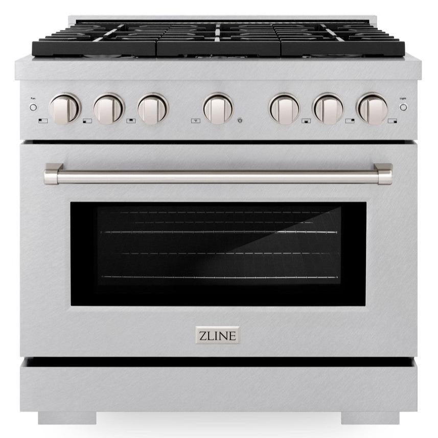 ZLINE 36" 5.2 cu. ft. Paramount Dual Fuel Range with 6 Burner Gas Cooktop and Electric Convection Oven in Satin Stainless Steel, SDRS-36