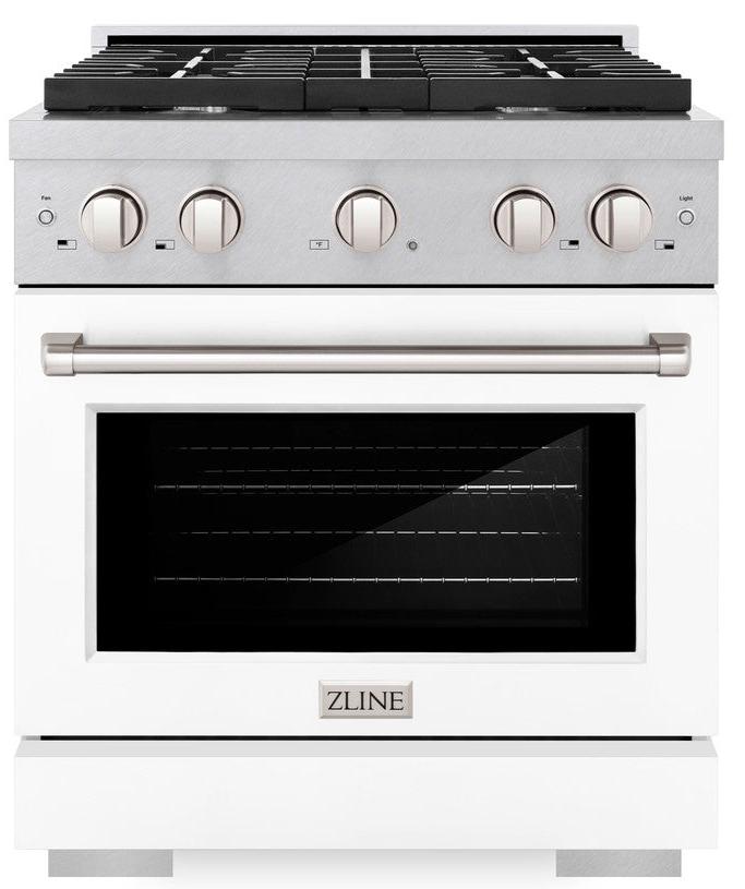 ZLINE 30" 4.2 cu. ft. Paramount Dual Fuel Range with 4 Burner Gas Cooktop and Electric Convection Oven in Satin Stainless Steel with White Matte Door, SDRS-WM-30
