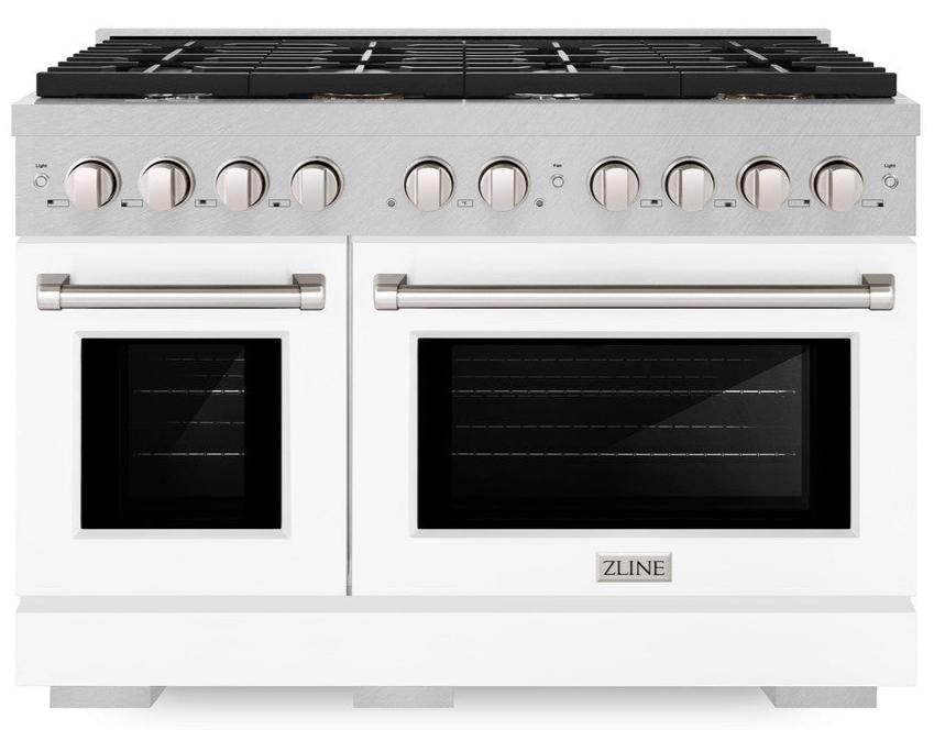 ZLINE 48" 6.7 cu. ft. Paramount Double Oven Dual Fuel Range with 8 Burner Gas Cooktop in Satin Stainless Steel with White Matte Doors, SDRS-WM-48
