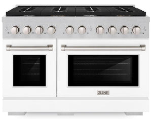 ZLINE 48" 6.7 cu. ft. Paramount Double Oven Dual Fuel Range with 8 Burner Gas Cooktop in Satin Stainless Steel with White Matte Doors, SDRS-WM-48