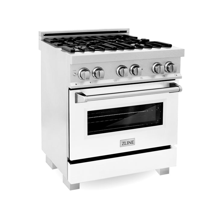 ZLINE 30" 4.0 cu. ft. Legacy Dual Fuel Range with 4 Burner Gas Cooktop and Electric Convection Oven in Satin Stainless Steel and White Matte Door, RAS-WM-30