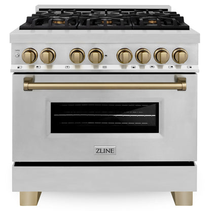 ZLINE Autograph 36" 4.6 cu. ft. Dual Fuel Range in Stainless Steel with Bronze Accents, RAZ-36-CB