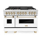 ZLINE Autograph Package - 48" Dual Fuel Range, Hood, Refrigerator with Water and Ice Dispenser, Dishwasher - Gold Accents