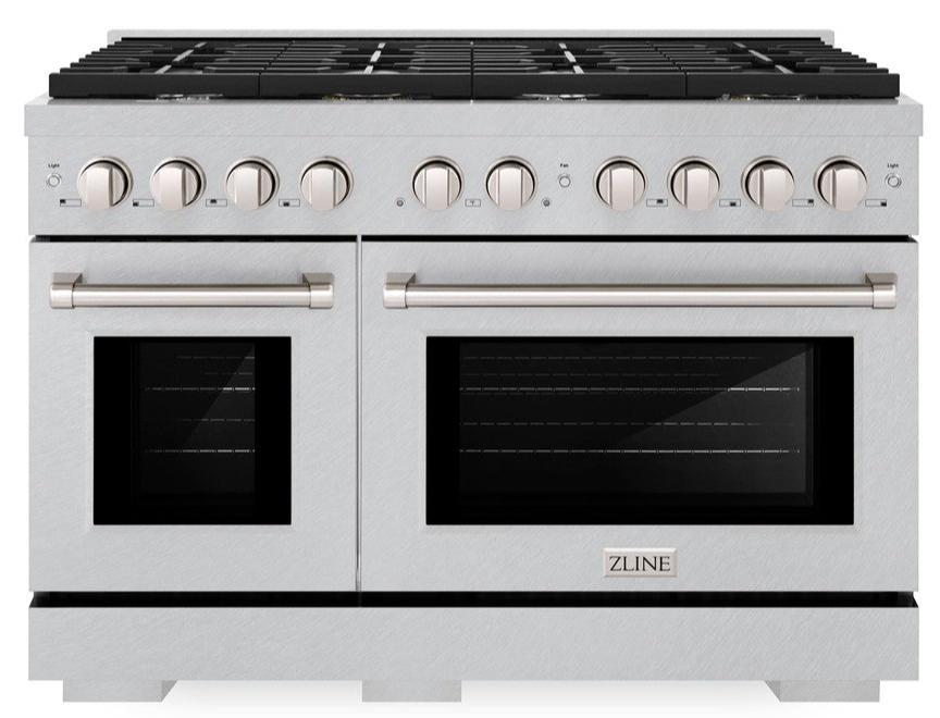 ZLINE 48" 6.7 cu. ft. Paramount Double Oven Dual Fuel Range with 8 Burner Gas Cooktop in Satin Stainless Steel, SDRS-48