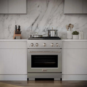 ZLINE Appliance Package - 30" Gas Range, Range Hood, 36" Refrigerator with Ice Maker, 24" Microwave Drawer and Dishwasher in Stainless Steel