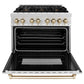 ZLINE Autograph 36" 4.6 cu. ft. Legacy Dual Fuel Range with 6 Burner Gas Cooktop and Electric Convection Oven in Satin Stainless Steel and Polished Gold Accents, RASZ-SN-36-G