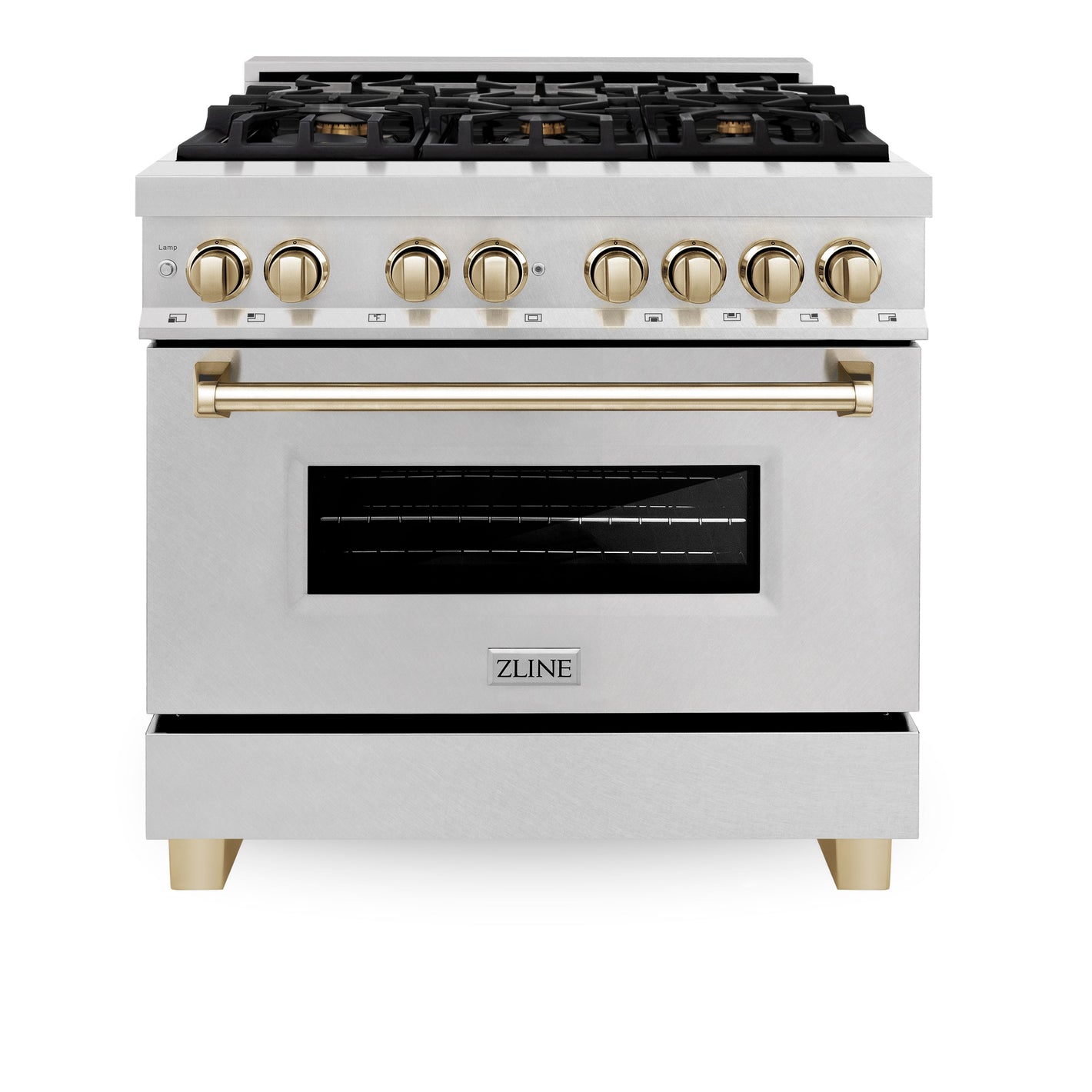 ZLINE Autograph 36" 4.6 cu. ft. Legacy Dual Fuel Range with 6 Burner Gas Cooktop and Electric Convection Oven in Satin Stainless Steel and Polished Gold Accents, RASZ-SN-36-G