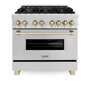 ZLINE Autograph 36" 4.6 cu. ft. Legacy Dual Fuel Range with 6 Burner Gas Cooktop and Electric Convection Oven in Satin Stainless Steel and Polished Gold Accents, RASZ-SN-36-G