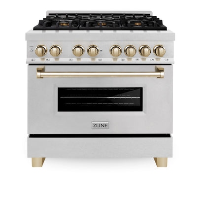 ZLINE Autograph 36" 4.6 cu. ft. Legacy Dual Fuel Range with 6 Burner Gas Cooktop and Electric Convection Oven in Satin Stainless Steel and Polished Gold Accents, RASZ-SN-36-G