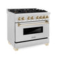 ZLINE Autograph 36" 4.6 cu. ft. Legacy Dual Fuel Range with 6 Burner Gas Cooktop and Electric Convection Oven in Satin Stainless Steel and Polished Gold Accents, RASZ-SN-36-G