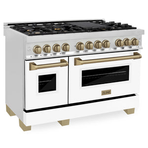 ZLINE Autograph Package - 48" Dual Fuel Range, Range Hood, Refrigerator with Water and Ice Dispenser, Dishwasher with Bronze Accents