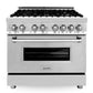 ZLINE Kitchen and Bath 36" Range, Range Hood, Microwave, Dishwasher & Refrigerator Appliance Package, 5KPR-RARH36-MWDWV