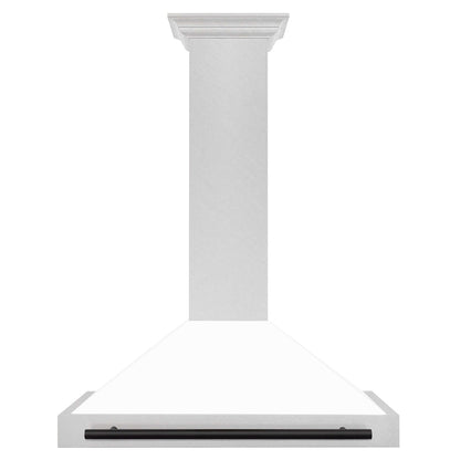 ZLINE Autograph 36" Convertible Satin Stainless Steel Wall Mount Range Hood with White Matte Shell and Matte Black Handle, KB4SNZ-WM36-MB