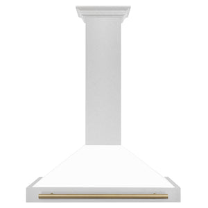 ZLINE Autograph 36" Convertible Satin Stainless Steel Wall Mount Range Hood with White Matte Shell and Champagne Bronze Handle, KB4SNZ-WM36-CB