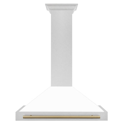 ZLINE Autograph 36" Convertible Satin Stainless Steel Wall Mount Range Hood with White Matte Shell and Champagne Bronze Handle, KB4SNZ-WM36-CB
