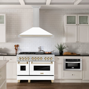 ZLINE Autograph 48" Convertible Satin Stainless Steel Wall Mount Range Hood with White Matte Shell and Polished Gold Handle, KB4SNZ-WM48-G