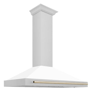 ZLINE Autograph 48" Convertible Satin Stainless Steel Wall Mount Range Hood with White Matte Shell and Polished Gold Handle, KB4SNZ-WM48-G