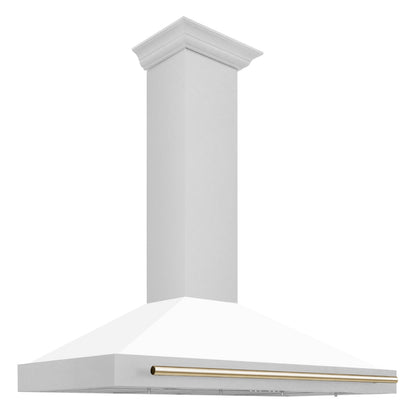 ZLINE Autograph 48" Convertible Satin Stainless Steel Wall Mount Range Hood with White Matte Shell and Polished Gold Handle, KB4SNZ-WM48-G