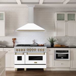 ZLINE Autograph 48" Convertible Satin Stainless Steel Wall Mount Range Hood with White Matte Shell and Champagne Bronze Handle, KB4SNZ-WM48-CB