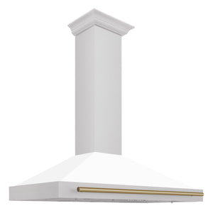 ZLINE Autograph 48" Convertible Satin Stainless Steel Wall Mount Range Hood with White Matte Shell and Champagne Bronze Handle, KB4SNZ-WM48-CB