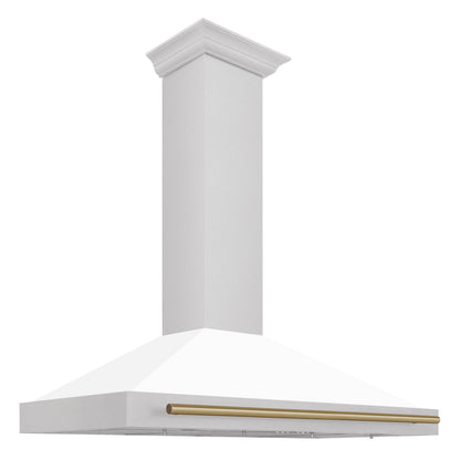 ZLINE Autograph 48" Convertible Satin Stainless Steel Wall Mount Range Hood with White Matte Shell and Champagne Bronze Handle, KB4SNZ-WM48-CB