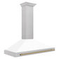 ZLINE Autograph 48" Convertible Satin Stainless Steel Wall Mount Range Hood with White Matte Shell and Champagne Bronze Handle, KB4SNZ-WM48-CB