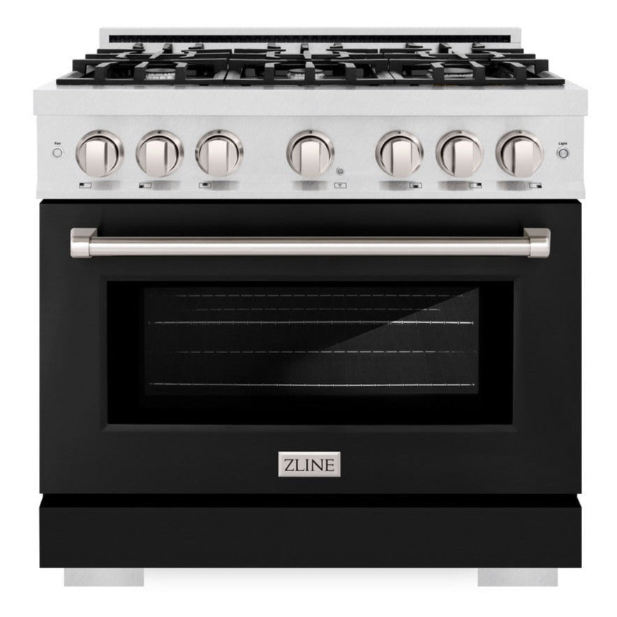 ZLINE 36" 5.2 cu. ft. Select Dual Fuel Range with 6 Burner Gas Cooktop and Electric Convection Oven in Satin Stainless Steel with Black Matte Door, HDRS-BLM-36