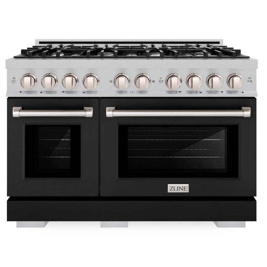 ZLINE 48" 6.7 cu. ft. Select Double Oven Gas Range with 8 Burner Cooktop in Satin Stainless Steel with Black Matte Doors, HGRS-BLM-48