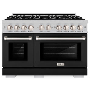 ZLINE 48" 6.7 cu. ft. Select Double Oven Gas Range with 8 Burner Cooktop in Satin Stainless Steel with Black Matte Doors, HGRS-BLM-48