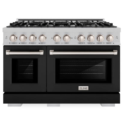 ZLINE 48" 6.7 cu. ft. Select Double Oven Gas Range with 8 Burner Cooktop in Satin Stainless Steel with Black Matte Doors, HGRS-BLM-48