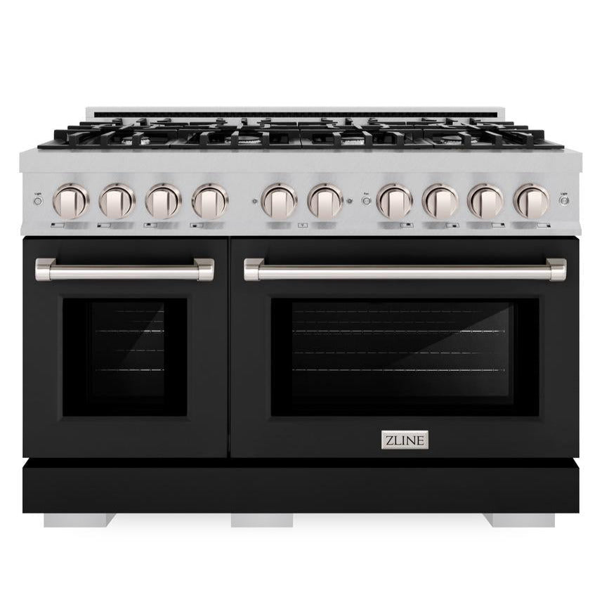 ZLINE 48" 6.7 cu. ft. Select Double Oven Dual Fuel Range with 8 Burner Gas Cooktop in Satin Stainless Steel with Black Matte Doors, HDRS-BLM-48