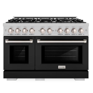 ZLINE 48" 6.7 cu. ft. Select Double Oven Dual Fuel Range with 8 Burner Gas Cooktop in Satin Stainless Steel with Black Matte Doors, HDRS-BLM-48
