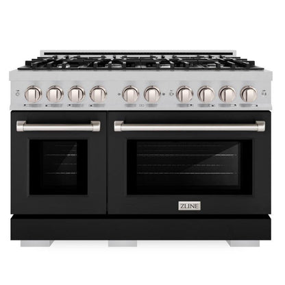 ZLINE 48" 6.7 cu. ft. Select Double Oven Dual Fuel Range with 8 Burner Gas Cooktop in Satin Stainless Steel with Black Matte Doors, HDRS-BLM-48