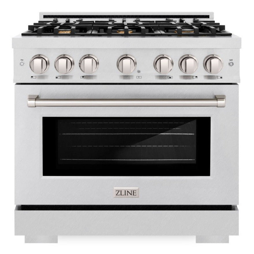 ZLINE 36" 5.2 cu. ft. Select Dual Fuel Range with Gas Cooktop and Electric Convection Oven in Satin Stainless Steel with 6 Brass Burners, HDRS-BR-36
