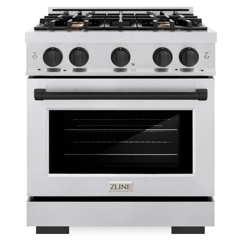 ZLINE Autograph 30" 4.2 cu. ft. Select Dual Fuel Range with 4 Burner Gas Cooktop and Electric Convection Oven in Satin Stainless Steel with Matte Black Accents, HDRSZ-30-MB