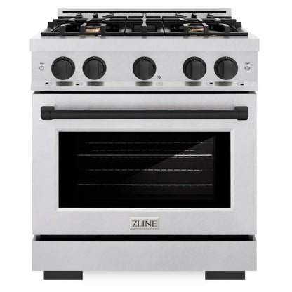 ZLINE Autograph 30" 4.2 cu. ft. Select Dual Fuel Range with 4 Burner Gas Cooktop and Electric Convection Oven in Satin Stainless Steel with Matte Black Accents, HDRSZ-30-MB