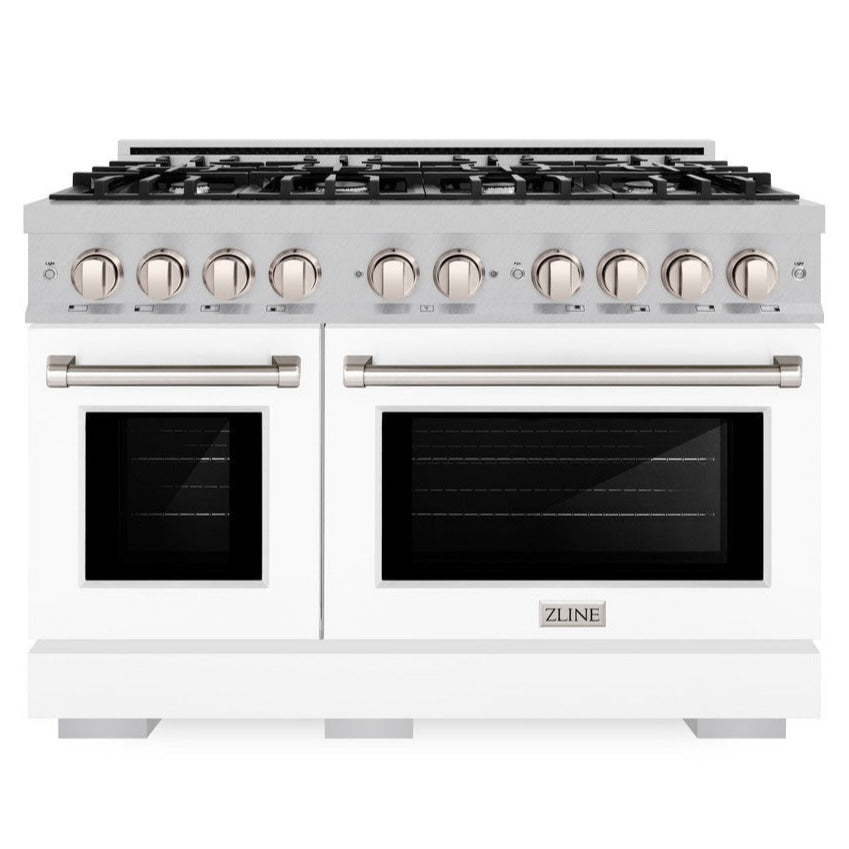 ZLINE 48" 6.7 cu. ft. Select Double Oven Dual Fuel Range with 8 Burner Gas Cooktop in Satin Stainless Steel with White Matte Doors, HDRS-WM-48