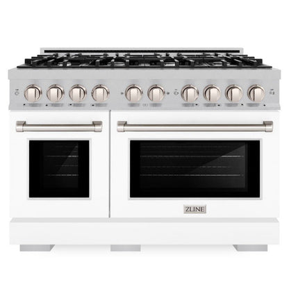 ZLINE 48" 6.7 cu. ft. Select Double Oven Dual Fuel Range with 8 Burner Gas Cooktop in Satin Stainless Steel with White Matte Doors, HDRS-WM-48
