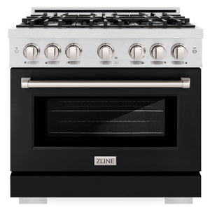 ZLINE 36" 5.2 cu. ft. Select Gas Range with 6 Burner Cooktop and Convection Gas Oven in Satin Stainless Steel with Black Matte Door, HGRS-BLM-36