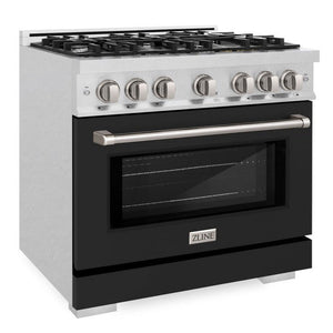 ZLINE 36" 5.2 cu. ft. Select Gas Range with 6 Burner Cooktop and Convection Gas Oven in Satin Stainless Steel with Black Matte Door, HGRS-BLM-36