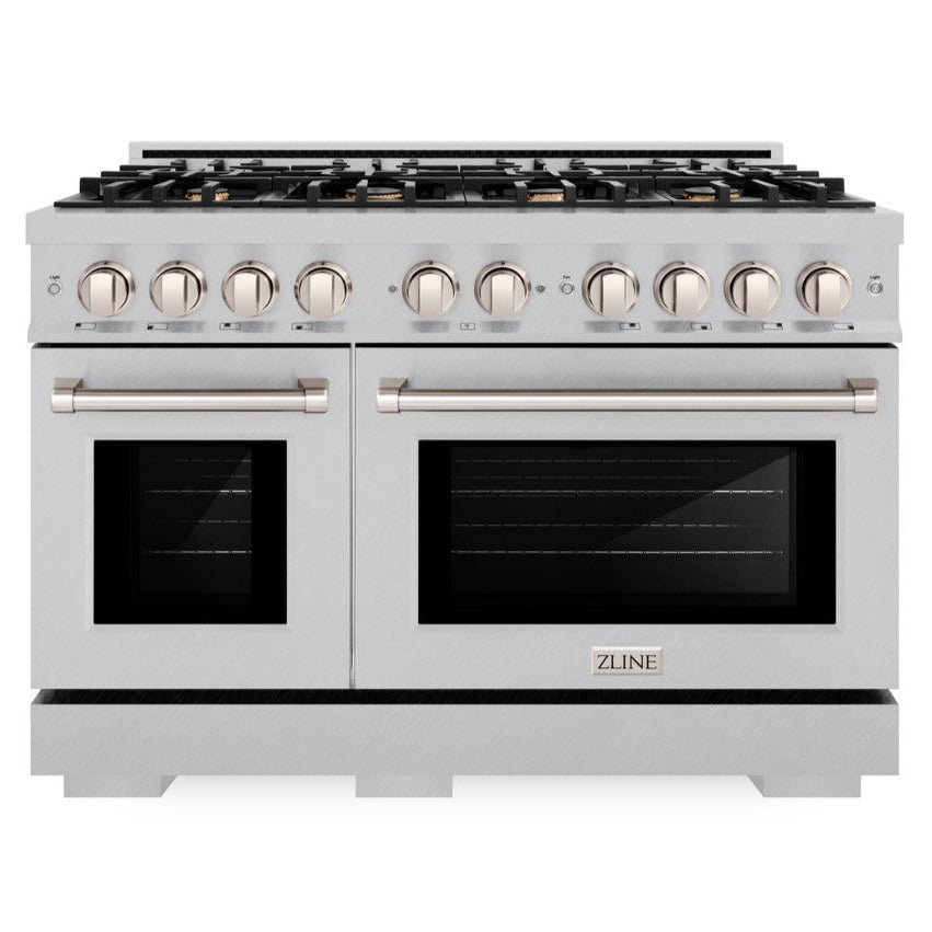 ZLINE 48" 6.7 cu. ft. Select Double Oven Gas Range in Satin Stainless Steel with 8 Brass Burners, HGRS-BR-48