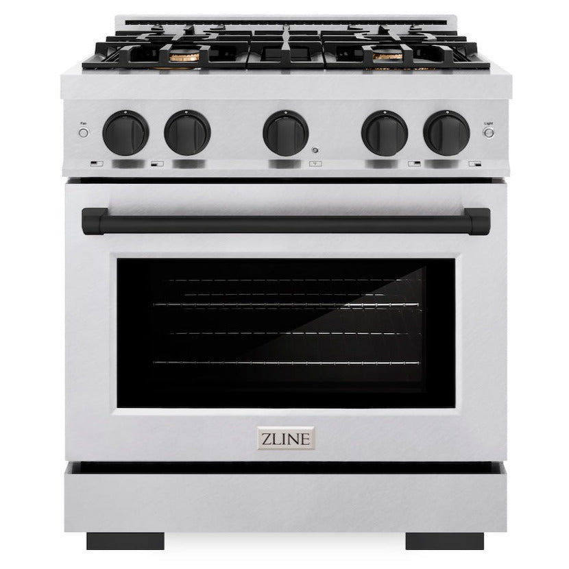 ZLINE Autograph 30" 4.2 cu. ft. Select Gas Range with 4 Burner Cooktop and Convection Gas Oven in Satin Stainless Steel and Matte Black Accents, HGRSZ-30-MB