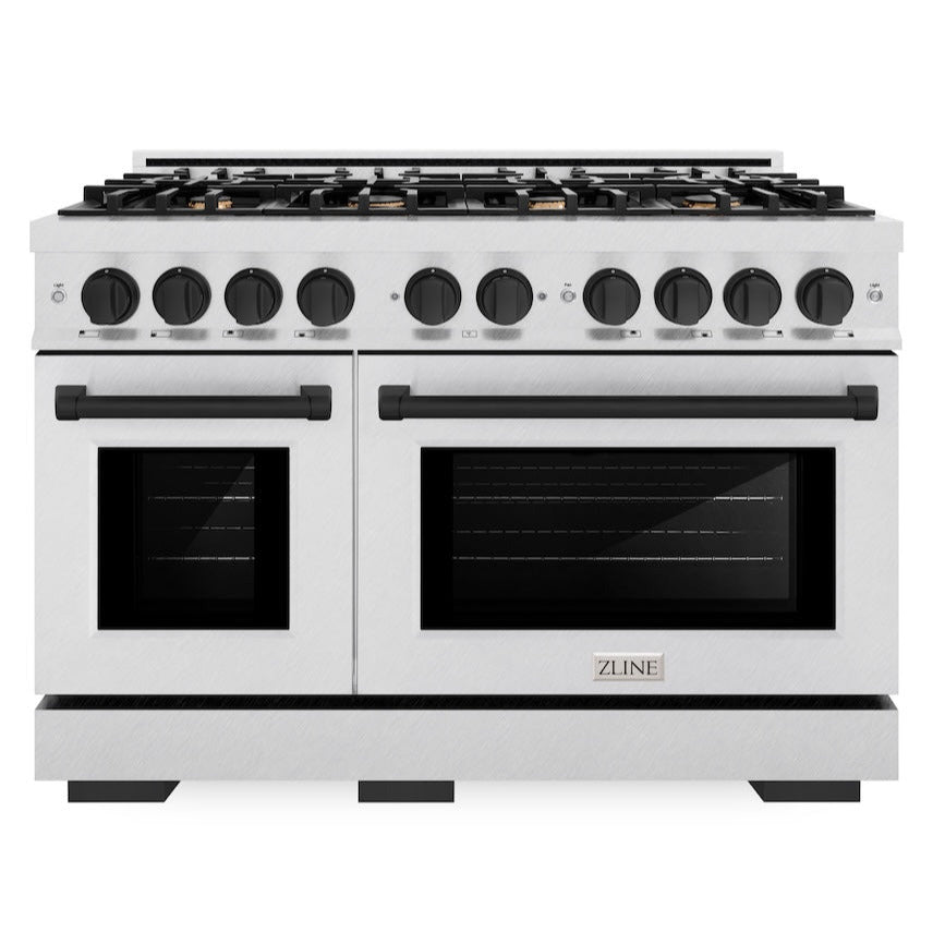 ZLINE Autograph 48" 6.7 cu. ft. Select Double Oven Gas Range with 8 Burner Cooktop in Satin Stainless Steel and Matte Black Accents, HGRSZ-48-MB